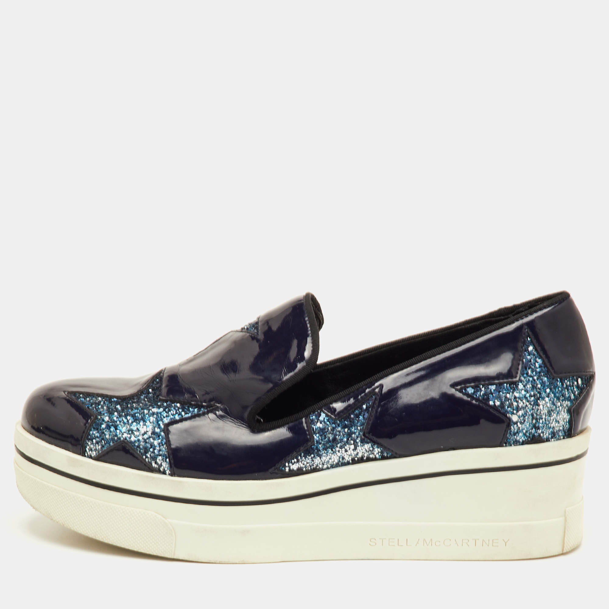 مملوكة مسبقًا Stella McCartney Binx Star Size 37 Navy Blue Faux Patent Leather Platform Slip On Sneakers
