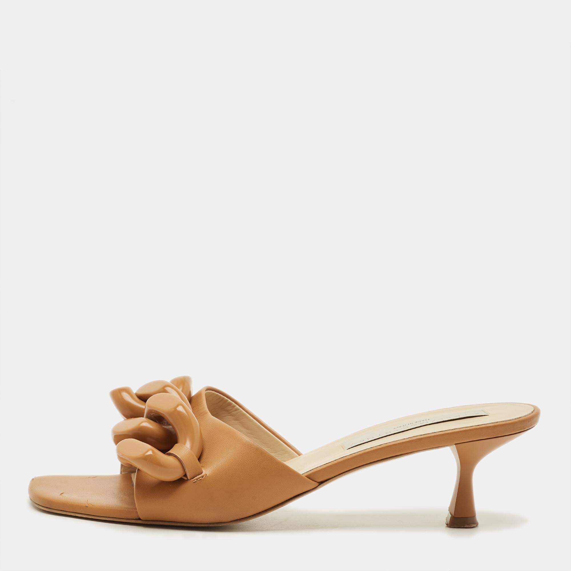 مملوكة مسبقًا Stella McCartney Falabella Size 40 Brown Leather Chain Link Slide Sandals
