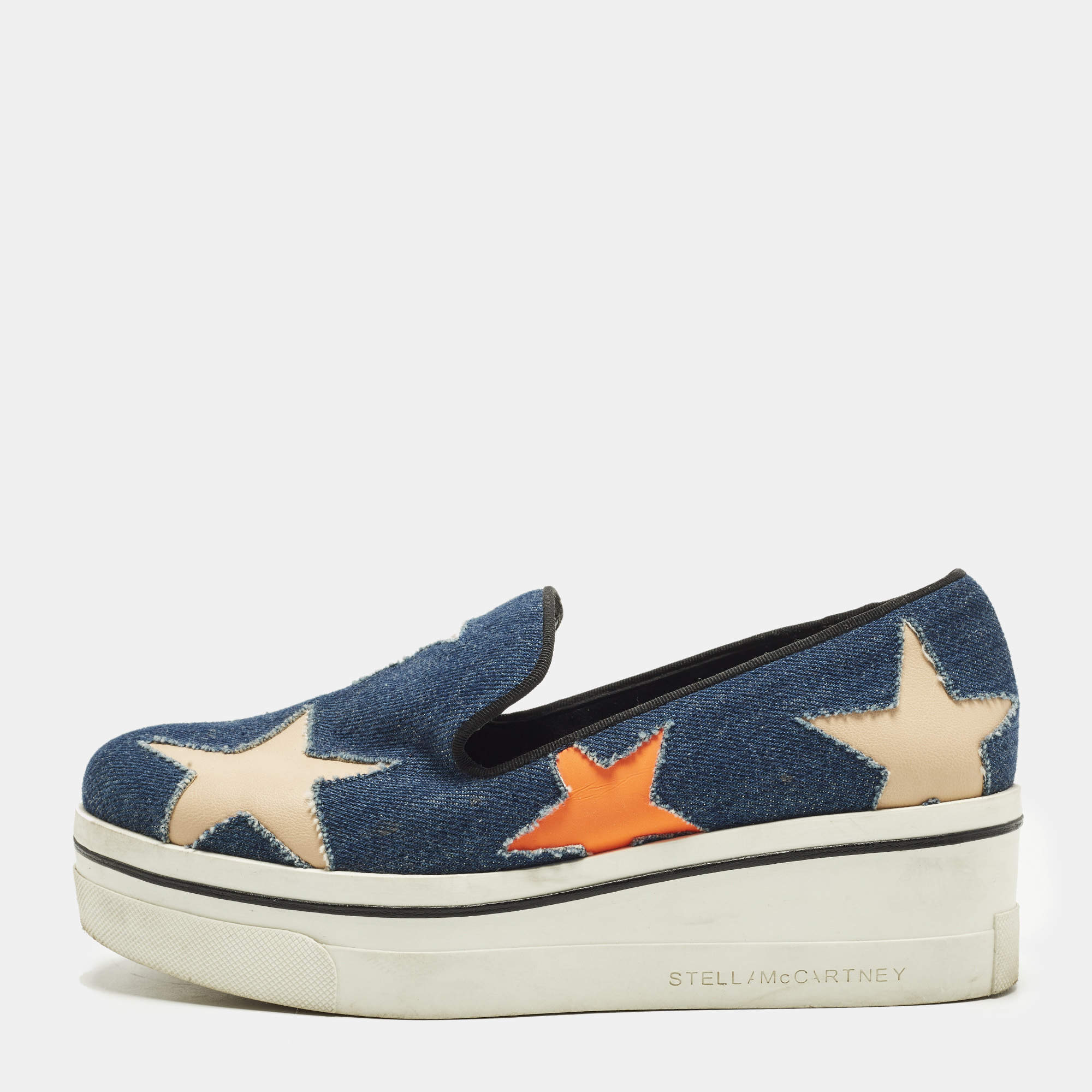 Pre Owned Stella McCartney Binx Star Size 37 Blue Denim and Faux Leather Platform Slip On Sneakers