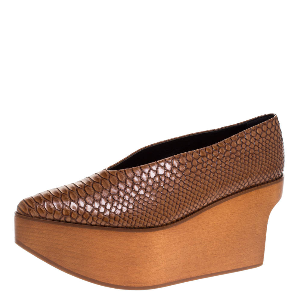 Stella McCartney Brown Python Embossed Faux Leather Wooden Clog Sandals Size 39