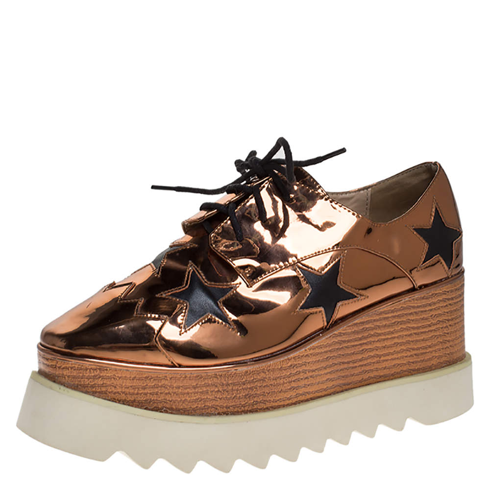 Stella McCartney Metallic Bronze Faux Patent Leather Elyse Star Platform Sneakers Size 37