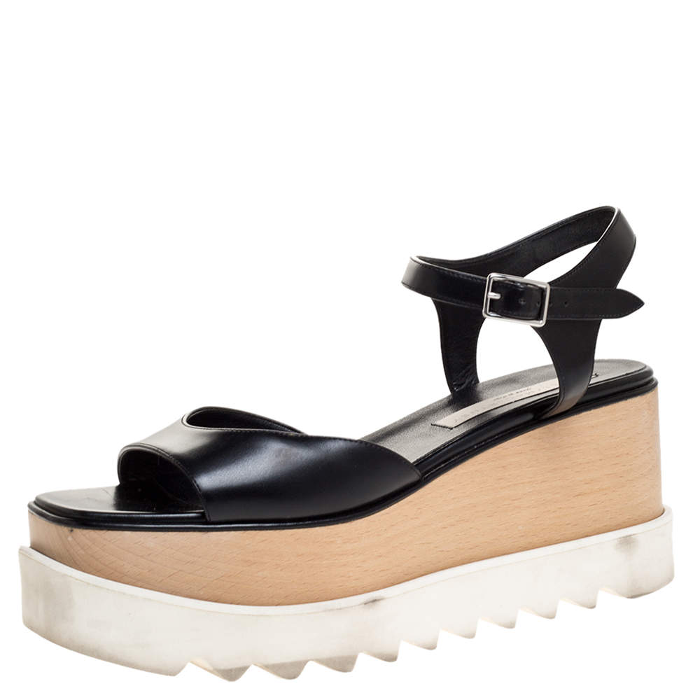 Stella McCartney Black Faux Leather Creeper Platform Ankle Strap Sandals Size 39