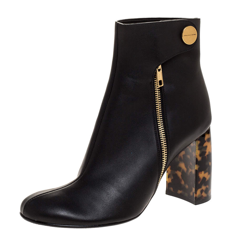 Pre Owned Stella McCartney Black Faux Leather Tortoise Block Heel "Percy" Ankle Booties Size 37.5