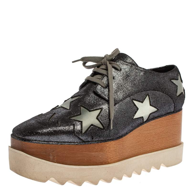 Pre Owned Stella McCartney Metallic Black Faux Leather Star Platform Derby Size 40
