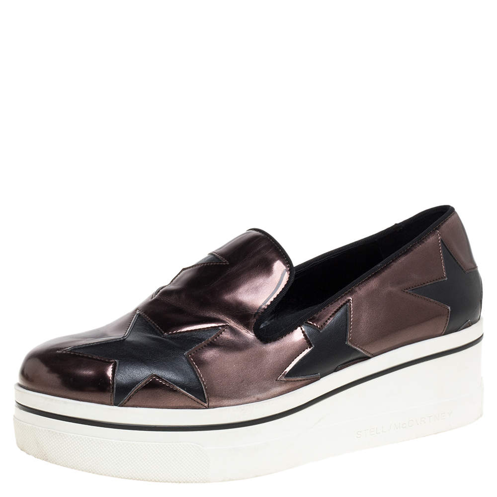 Pre Owned Stella McCartney Black/Brown Faux Leather Binx Star Platform Slip On Sneakers Size 38