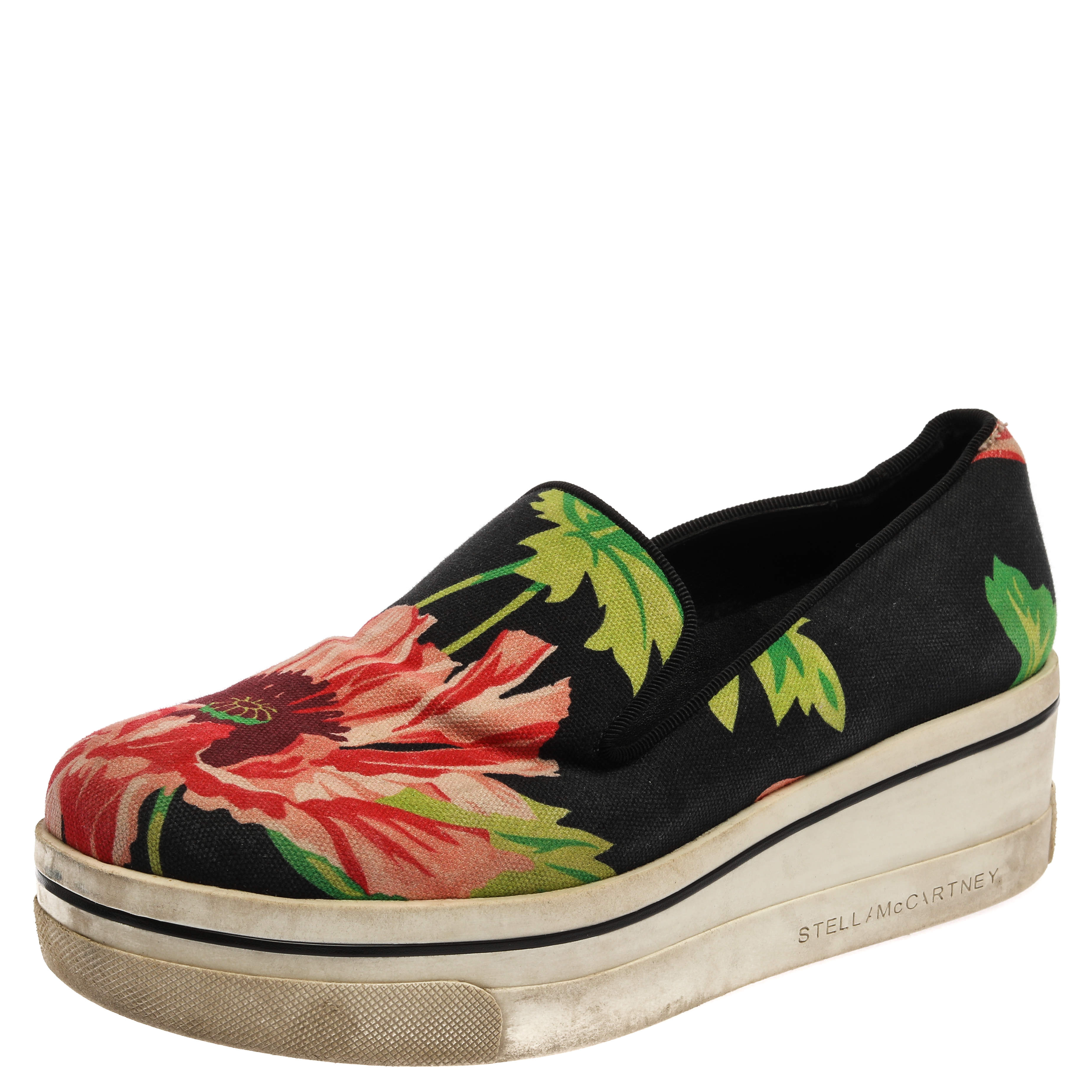 Pre Owned Stella McCartney Black Floral Printed Canvas Slip On Sneakers Size 37