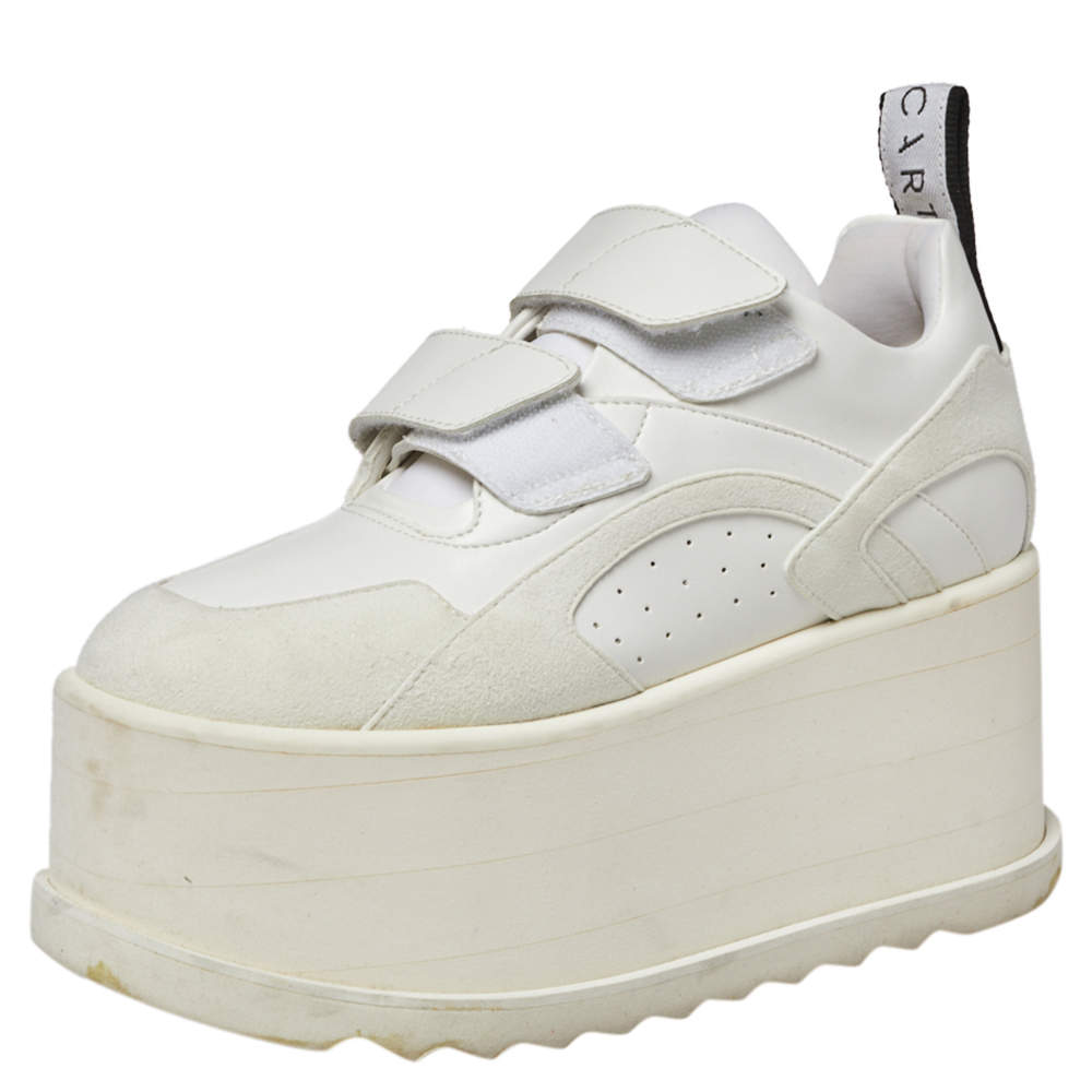 Stella McCartney White Faux Leather and Suede Eclypse Platform Sneakers Size 36.5