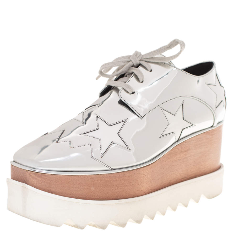 Stella McCartney Metallic Silver Faux Leather Elyse Star Platform Derby Size 38