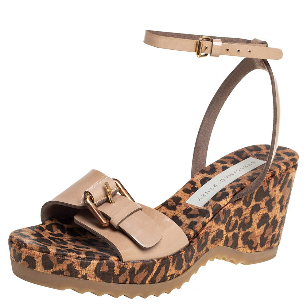 Stella McCartney Beige Faux Patent Leather Linda Leopard Print Cork Wedge Sandals Size 36