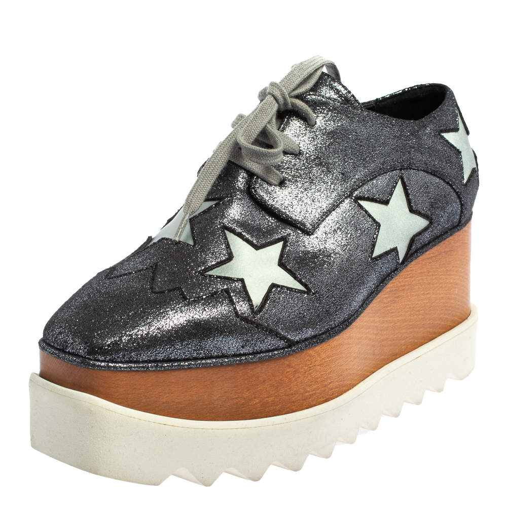 Pre Owned Stella McCartney Metallic Grey Faux Glitter Suede Elyse Star Platform Derby Size 36