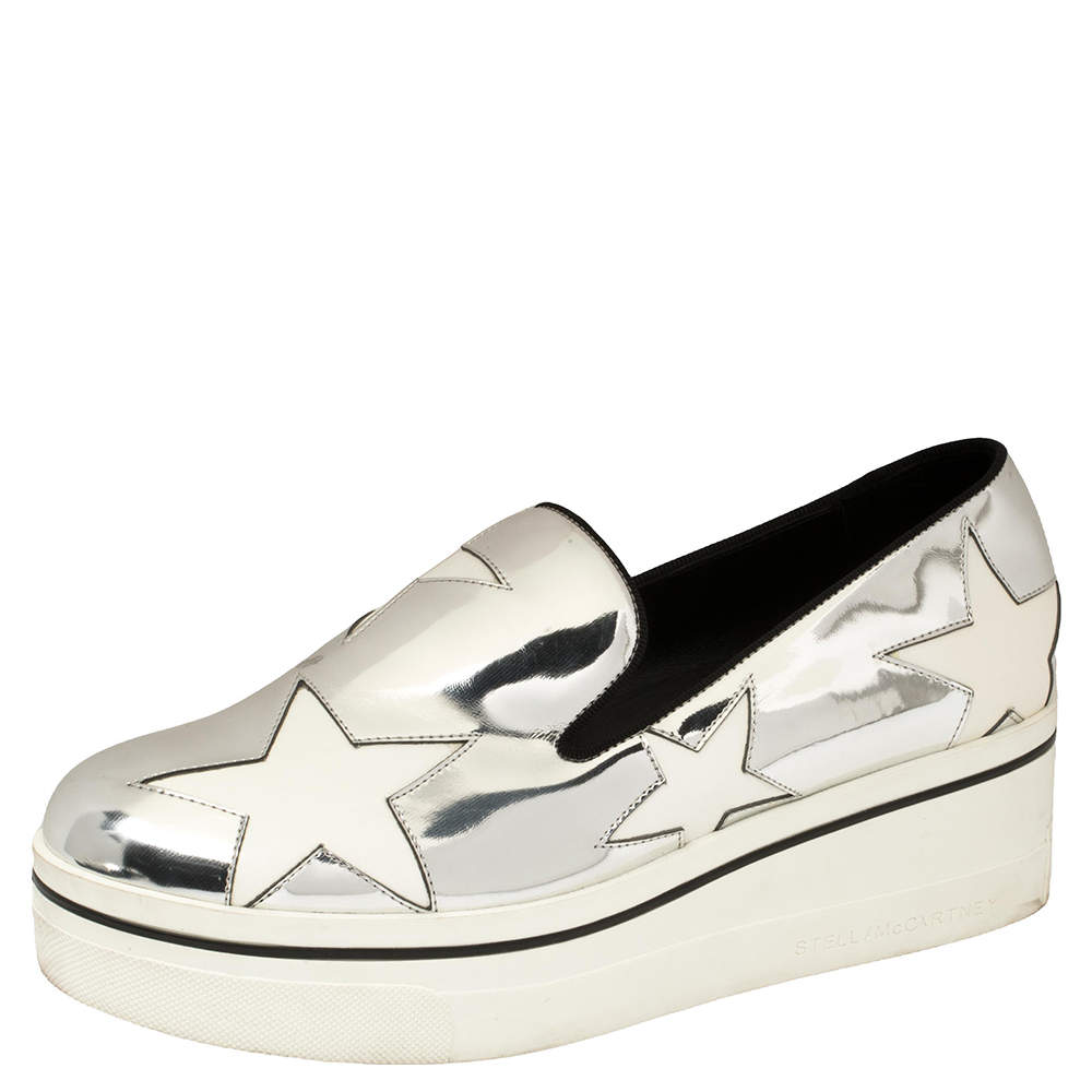 Pre Owned Stella McCartney Metallic Silver Faux Leather Binx Star Platform Slip On Sneakers Size 39