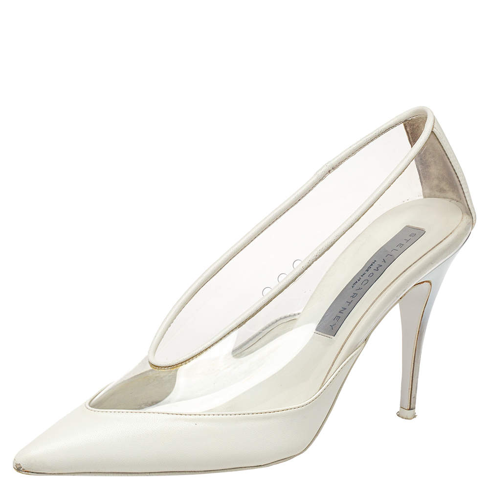 Stella McCartney White Faux Leather And PVC Pointed Toe Pumps Size 37