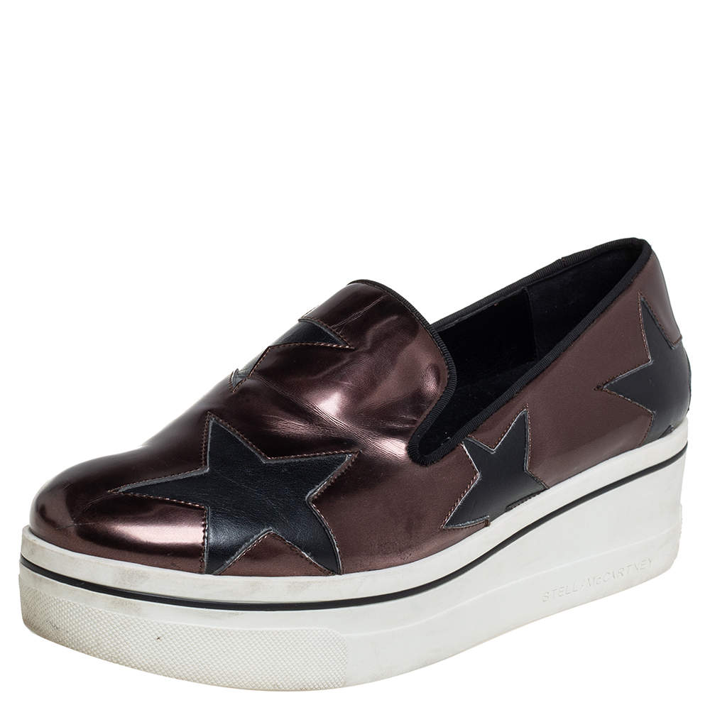 Pre Owned Stella McCartney Metallic Bronze Faux Leather Binx Star Platform Slip On Sneakers Size 40