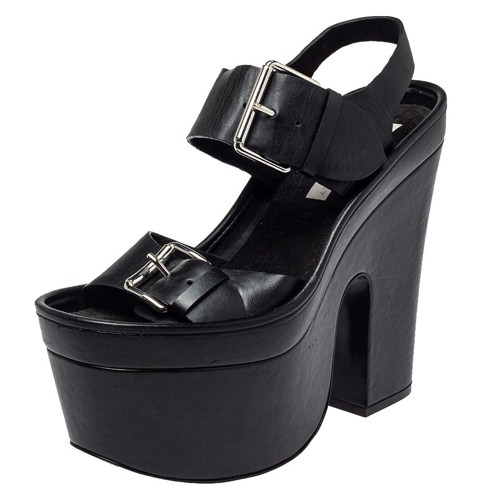 مملوكة مسبقًا Stella McCartney Black Faux Leather Buckle Block Heel Sandals Size 39