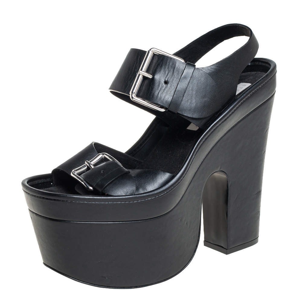 Pre Owned Stella McCartney Black Faux Leather Buckle Block Heel Sandals Size 38