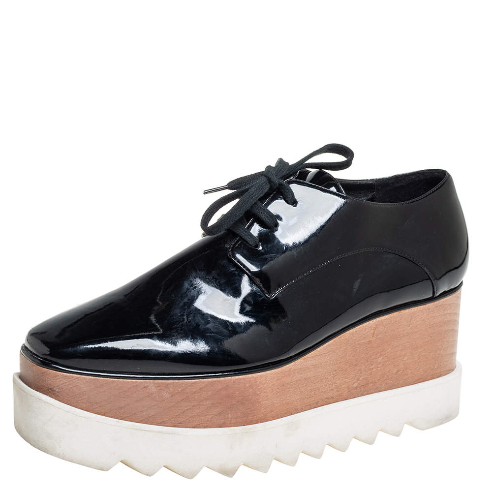 Pre Owned Stella McCartney Black Faux Patent Leather Elyse Platform Lace Up Derby Size 38.5