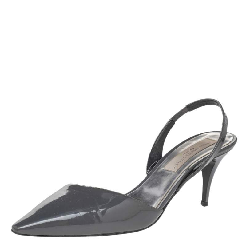 Stella McCartney Dark Grey Faux Patent Leather Slingback Sandals Size 37