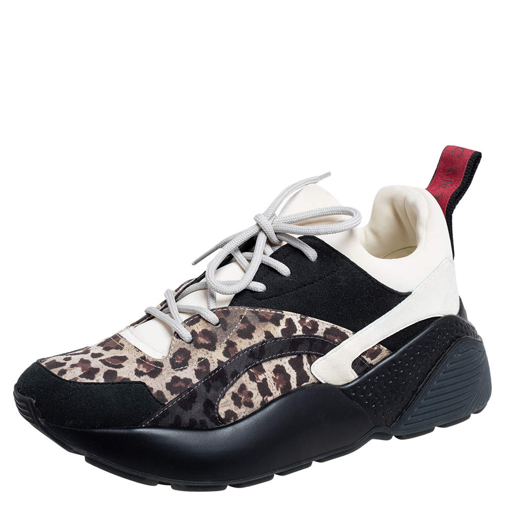 Pre Owned Stella McCartney Multicolor Leopard Print Faux Suede and Fabric Eclypse Low Top Sneakers Size 38