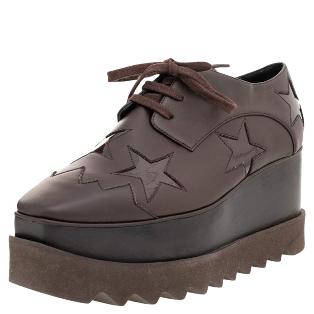 Pre Owned Stella McCartney Brown Faux Leather Elyse Star Sneakers Size 36.5