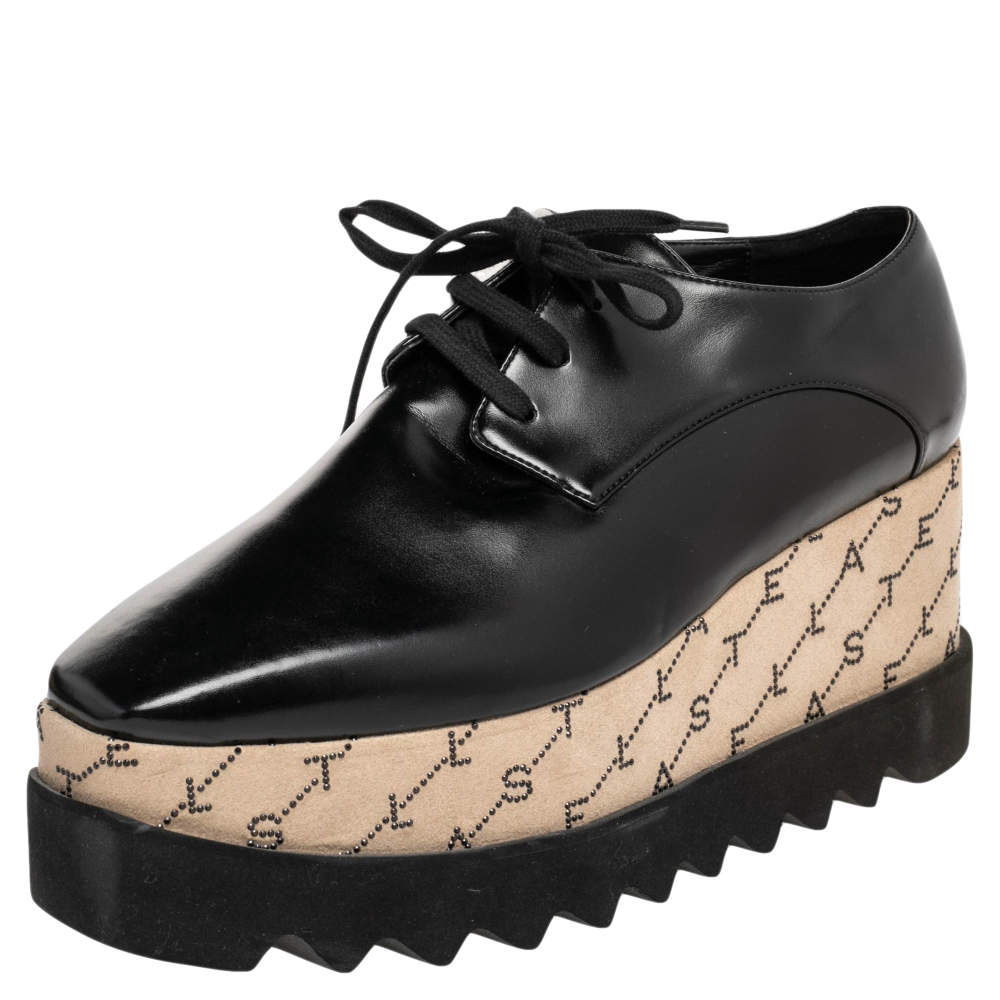 Stella McCartney Black/Beige Faux Leather Monogram Elyse Platform Derby Sneakers Size 38