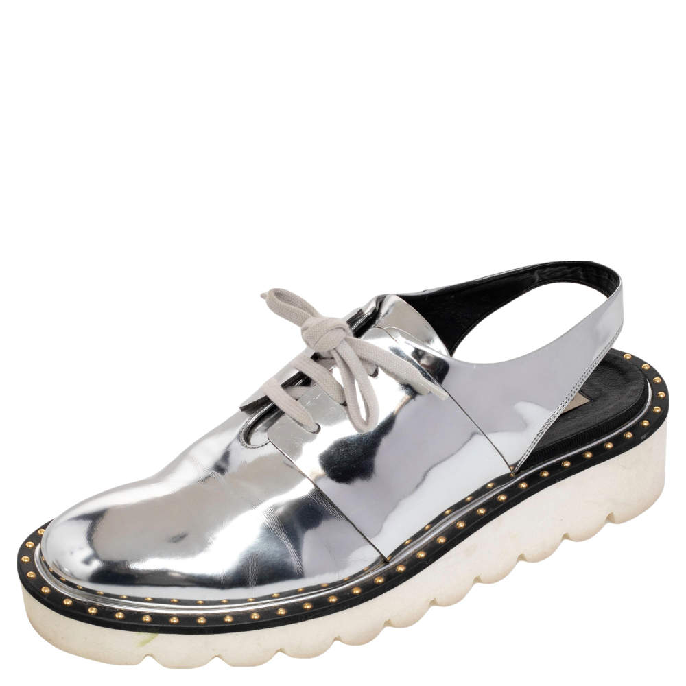 Stella McCartney Metallic Silver Faux Leather Odette Slingback Flats Size 37