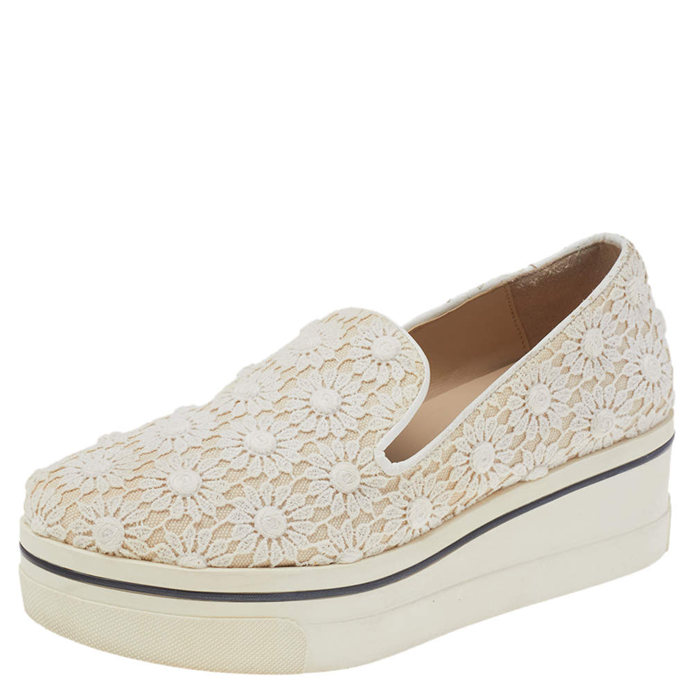 Pre Owned Stella McCartney Cream Floral-lace Slip on Sneakers Size 36