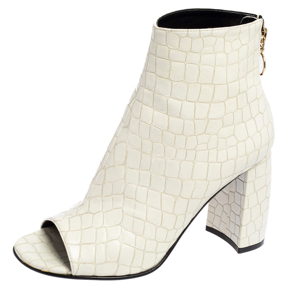 Pre Owned Stella McCartney White Croc Embossed Faux Leather Peep Toe Ankle Boots Size 37.5