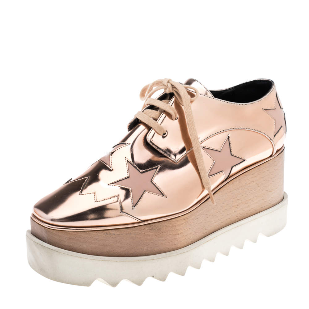 Pre Owned Stella McCartney Gold Faux Leather Elyse Platform Sneakers Size 39
