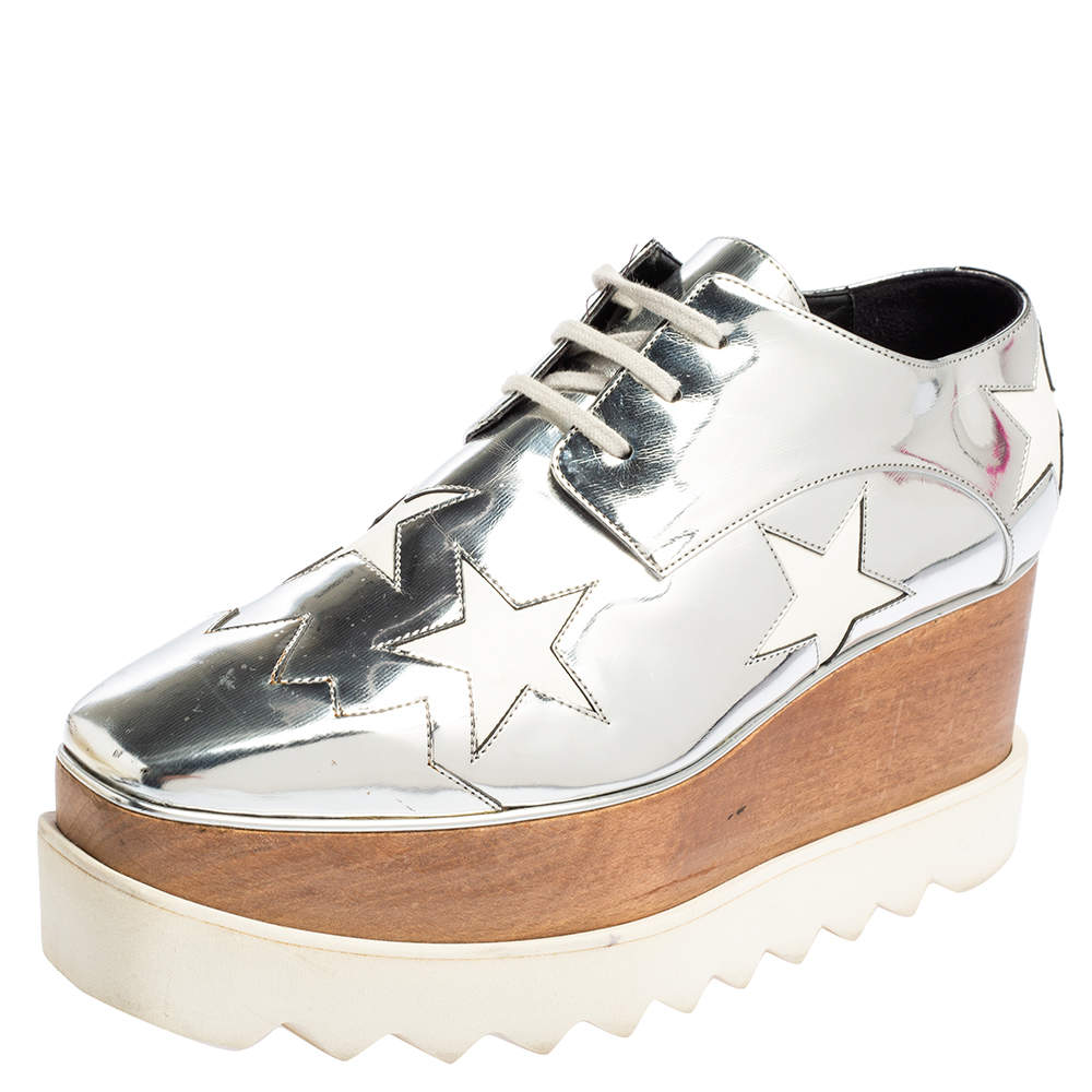 Pre Owned Stella McCartney Silver Faux Patent and Leather Elyse Star Platform Lace Up Sneakers Size 37