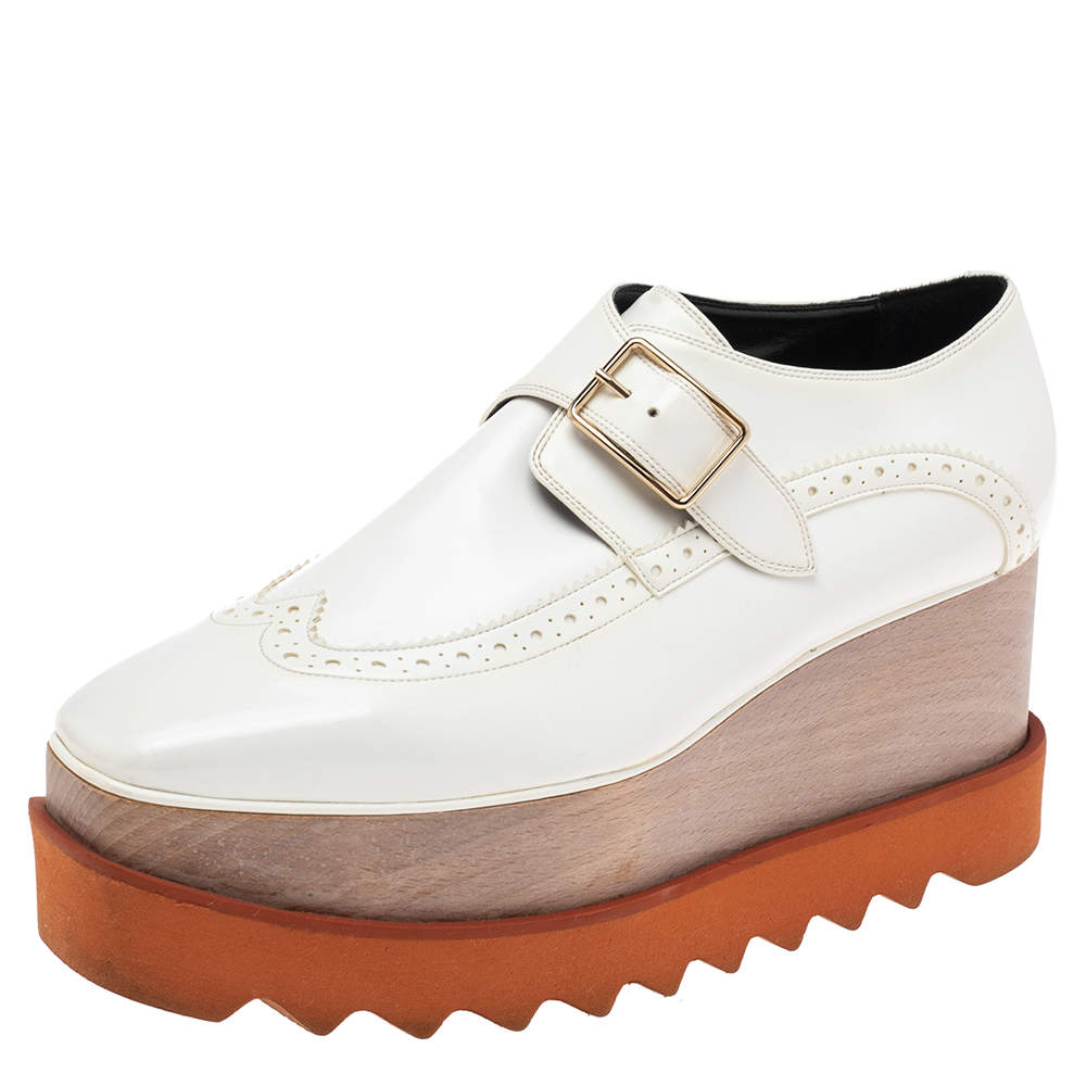 Pre Owned Stella McCartney White Brogue Faux Leather Elyse Monk Platform Derby Size 37