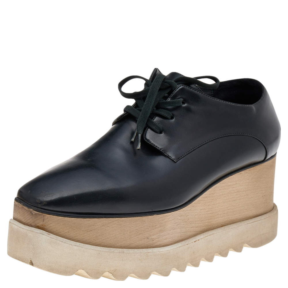 Pre Owned Stella McCartney Black Faux Leather Elyse Platform Derby Sneakers Size 39