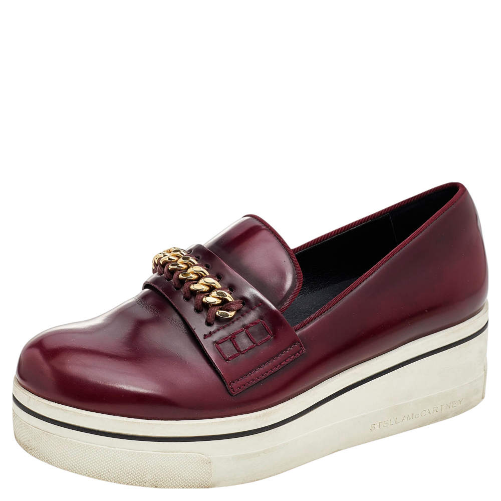 Pre Owned Stella McCartney Burgundy Faux Leather Chain Link Platform Slip On Loafers Size 39
