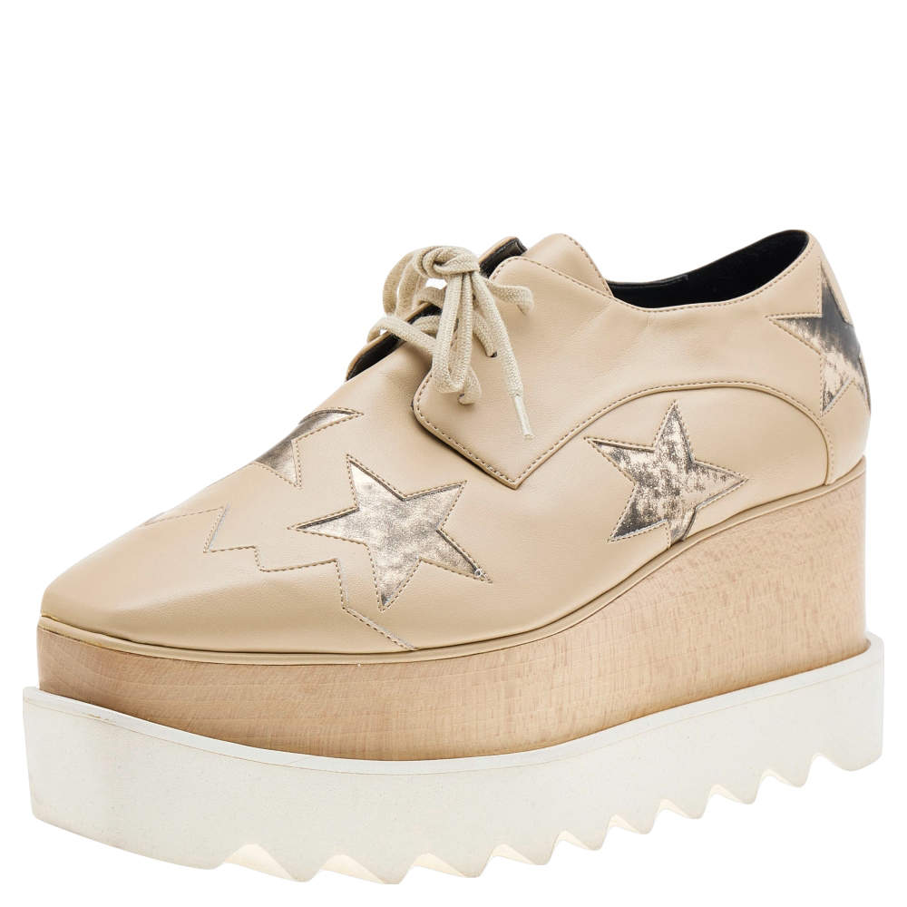 Pre Owned Stella McCartney Beige Faux Leather Elyse Star Platform Sneakers Size 36