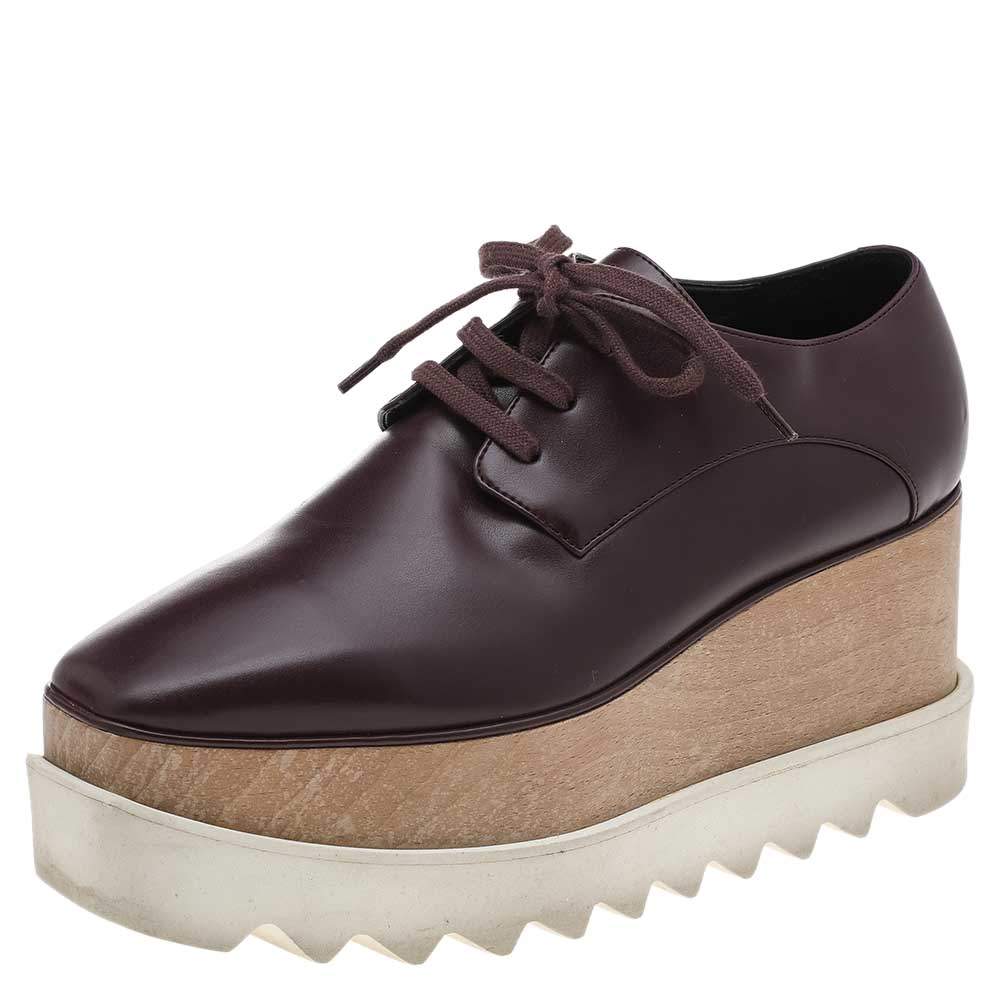 Pre Owned Stella McCartney Burgundy Faux Leather Elyse Platform Lace Up Derby Size 36