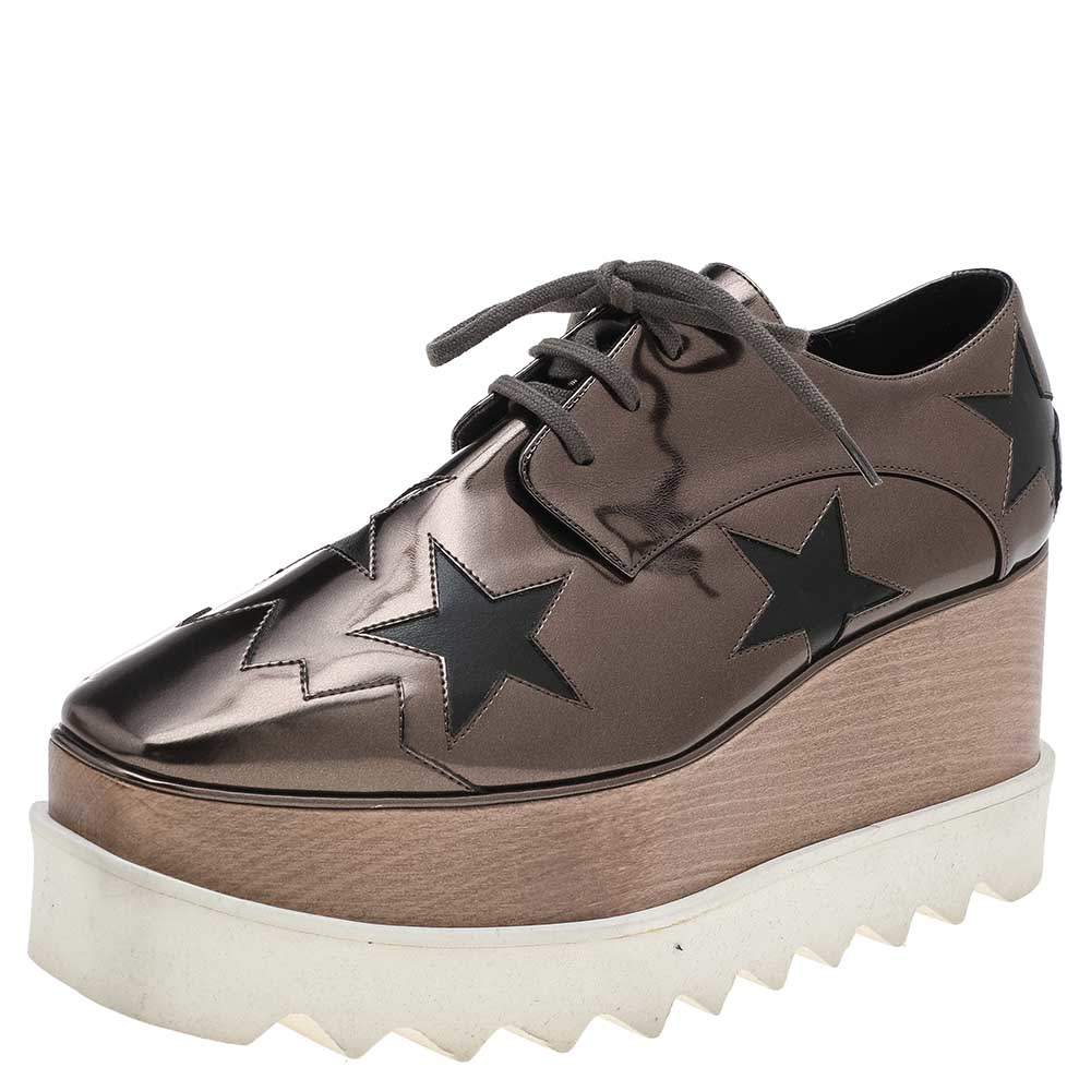 Pre Owned Stella McCartney Metallic Brown Faux Leather Elyse Star Platform Lace Up Derby Size 36
