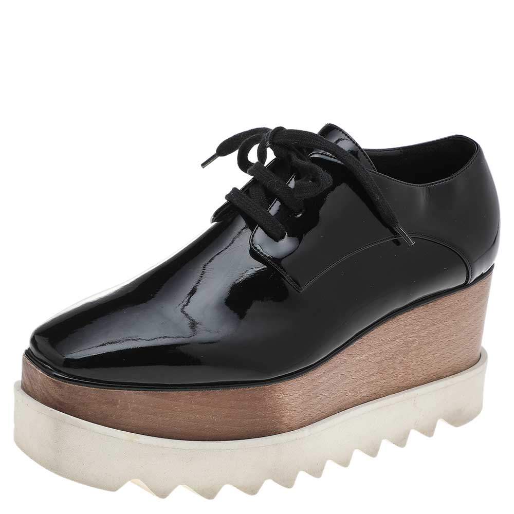 Pre Owned حذاء ديربي ستيلا مكارتيني إيلسي جلد صناعي أسود لامع نعل سميك رباط علوي مقاس 36