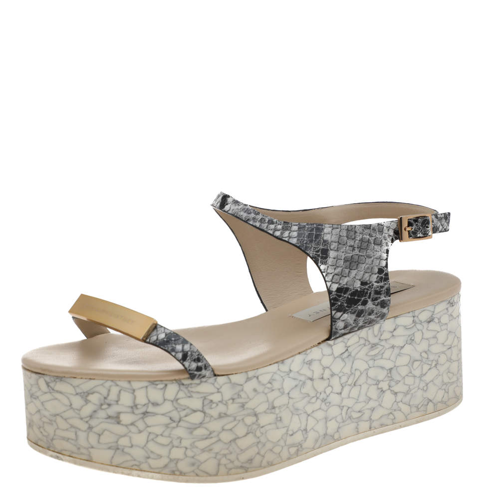 Stella McCartney Black/White Faux Python Leather Geena Marble Wedge Platform Sandals Size 36