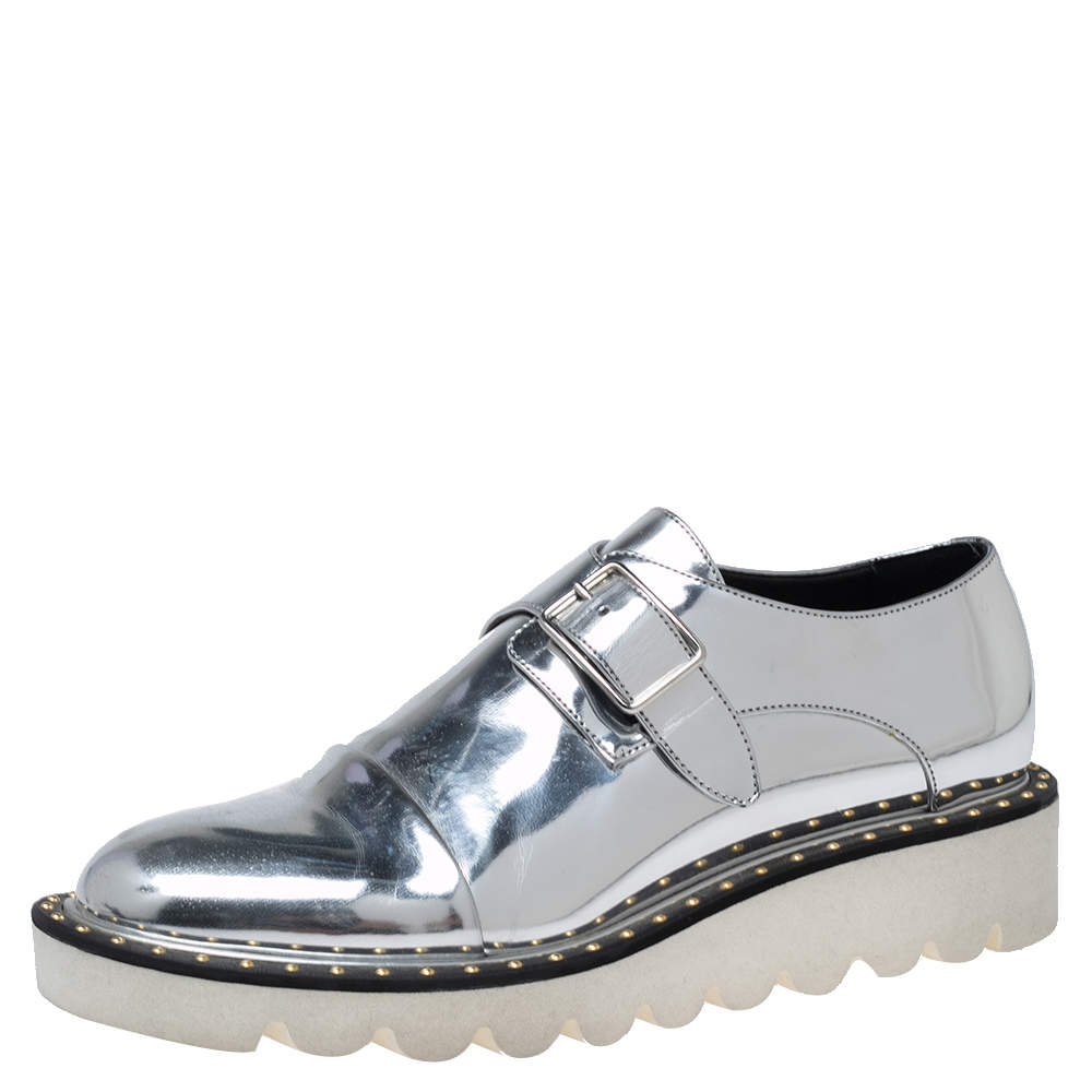 Pre Owned Stella McCartney Silver Faux Leather Odette Buckle Loafers Size 36