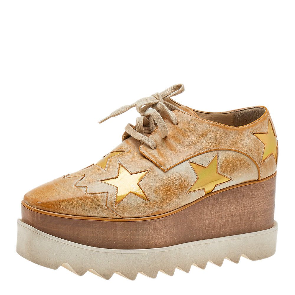 Pre Owned Stella McCartney Brown Faded Effect Faux Leather Elyse Star Platform Lace Up Derby Size 35.5
