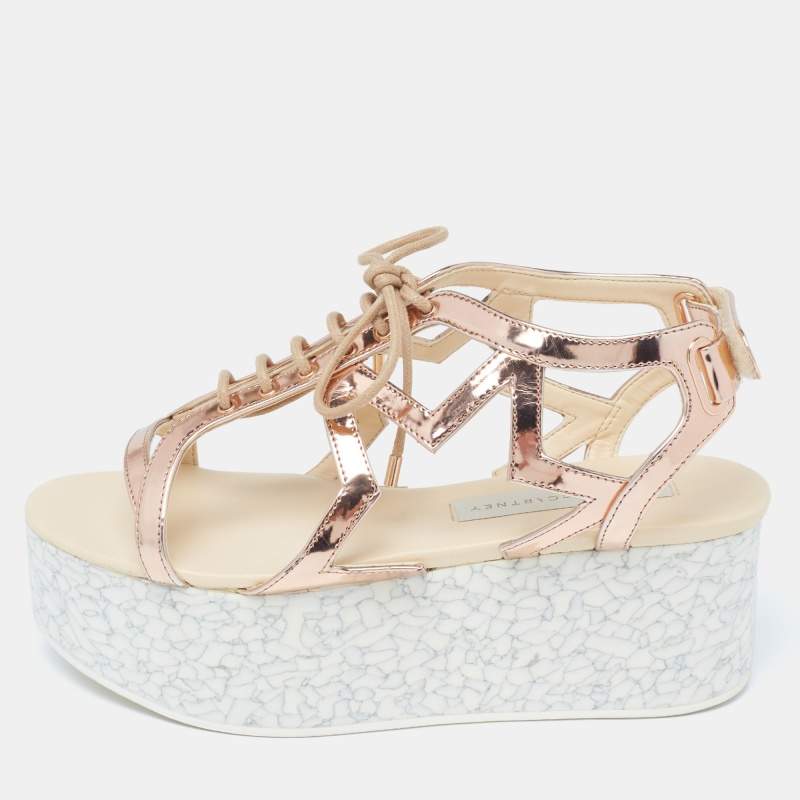 Stella McCartney Metallic Bronze Faux Patent Leather Hackney Platform Sandals Size 36