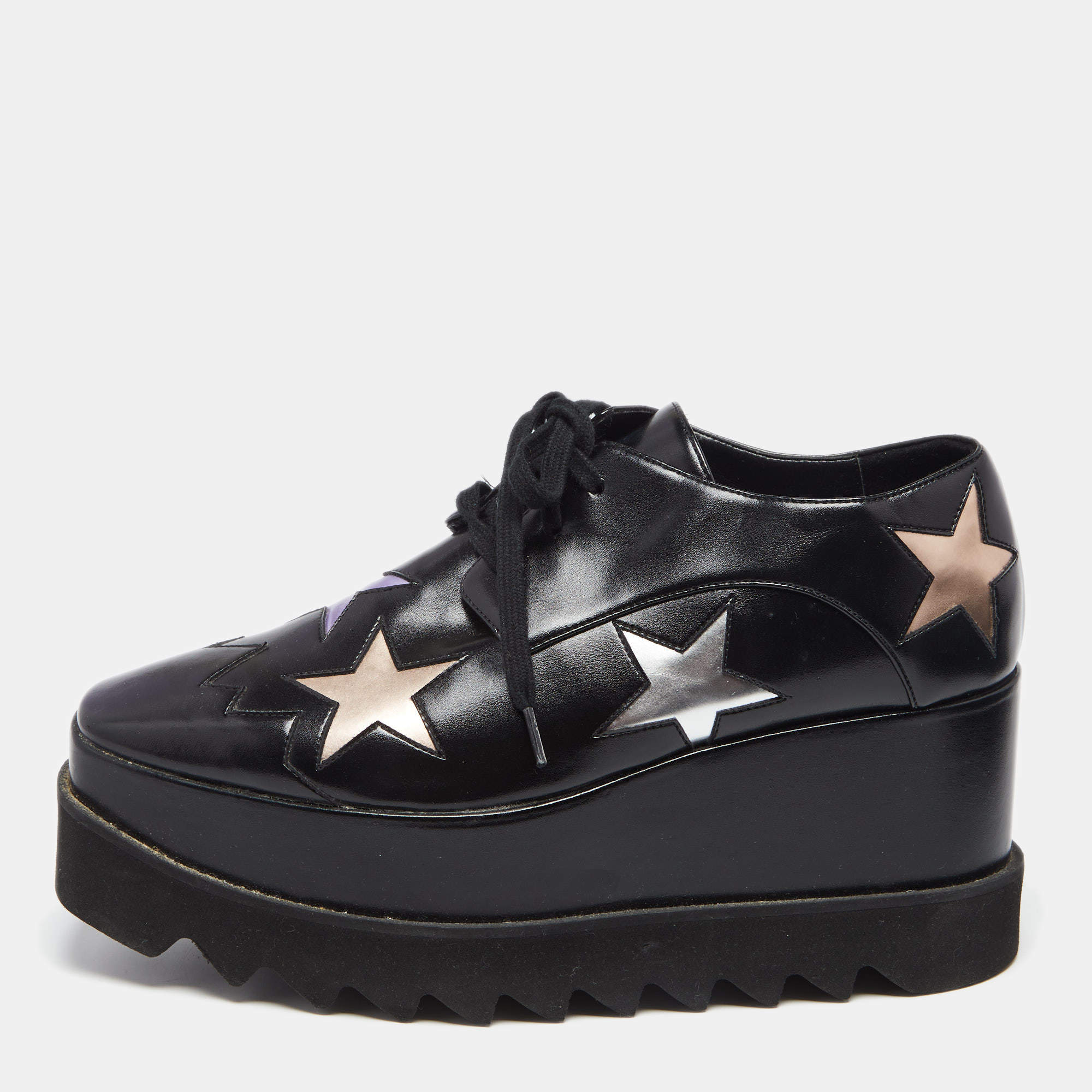 Pre Owned Stella McCartney Black Faux Leather Elyse Star Platform Lace Up Sneakers Size 37