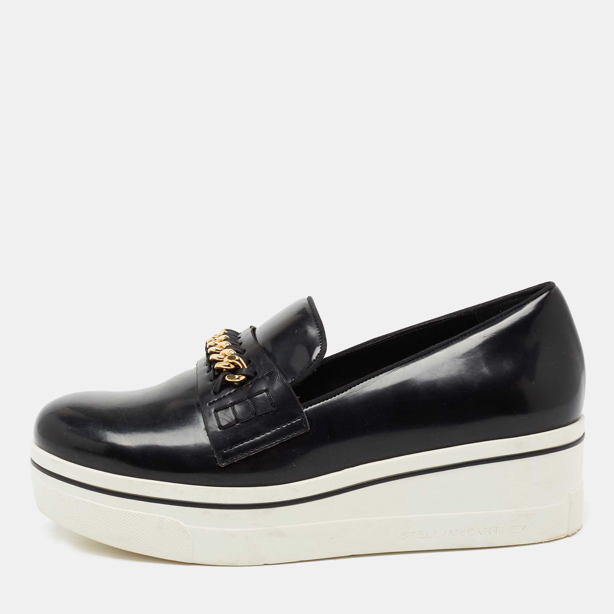 Pre Owned Stella McCartney Black Faux Leather Chain Link Slip On Sneakers Size 40