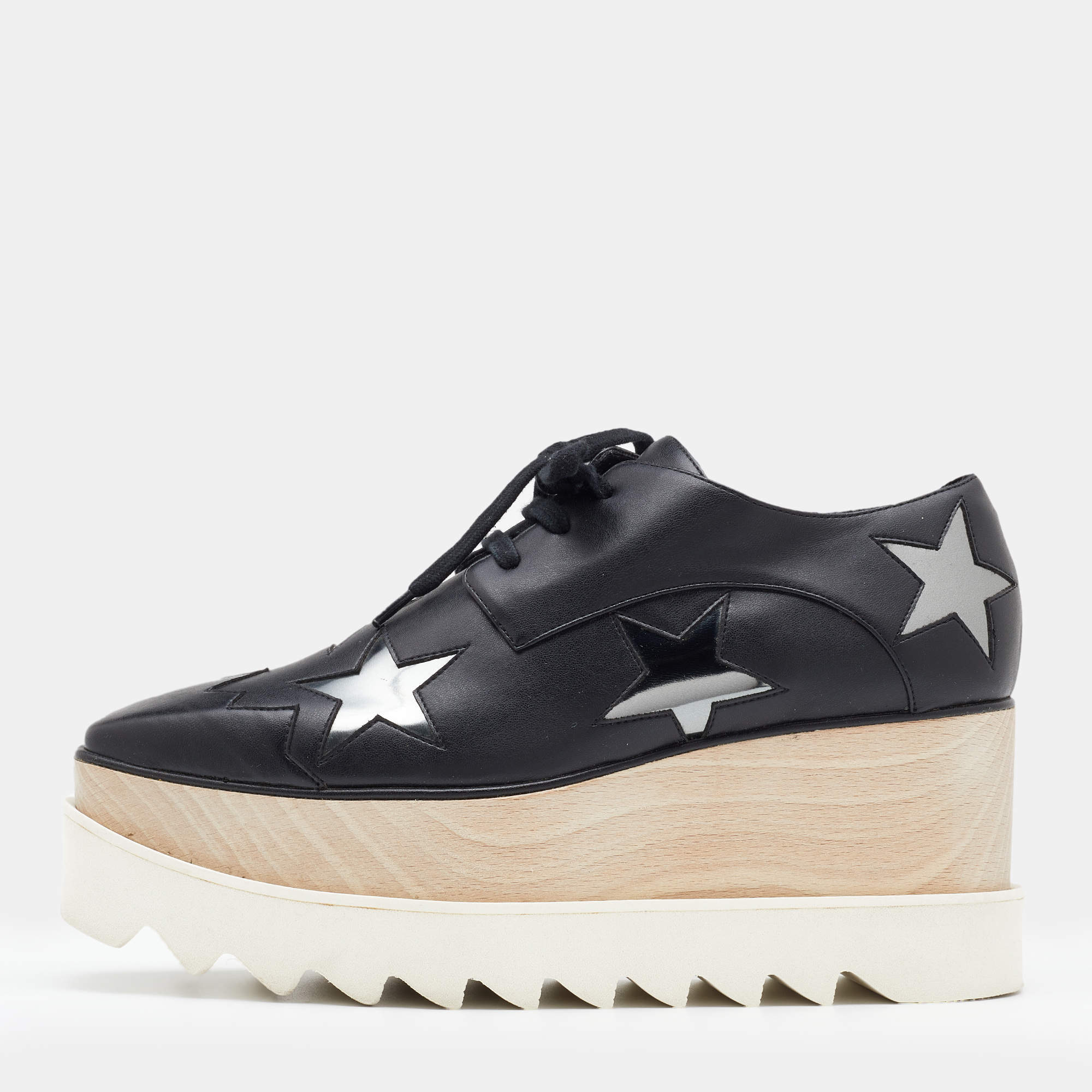Pre Owned Stella McCartney Black Faux Leather Elyse Star Platform Derby Sneakers Size 37