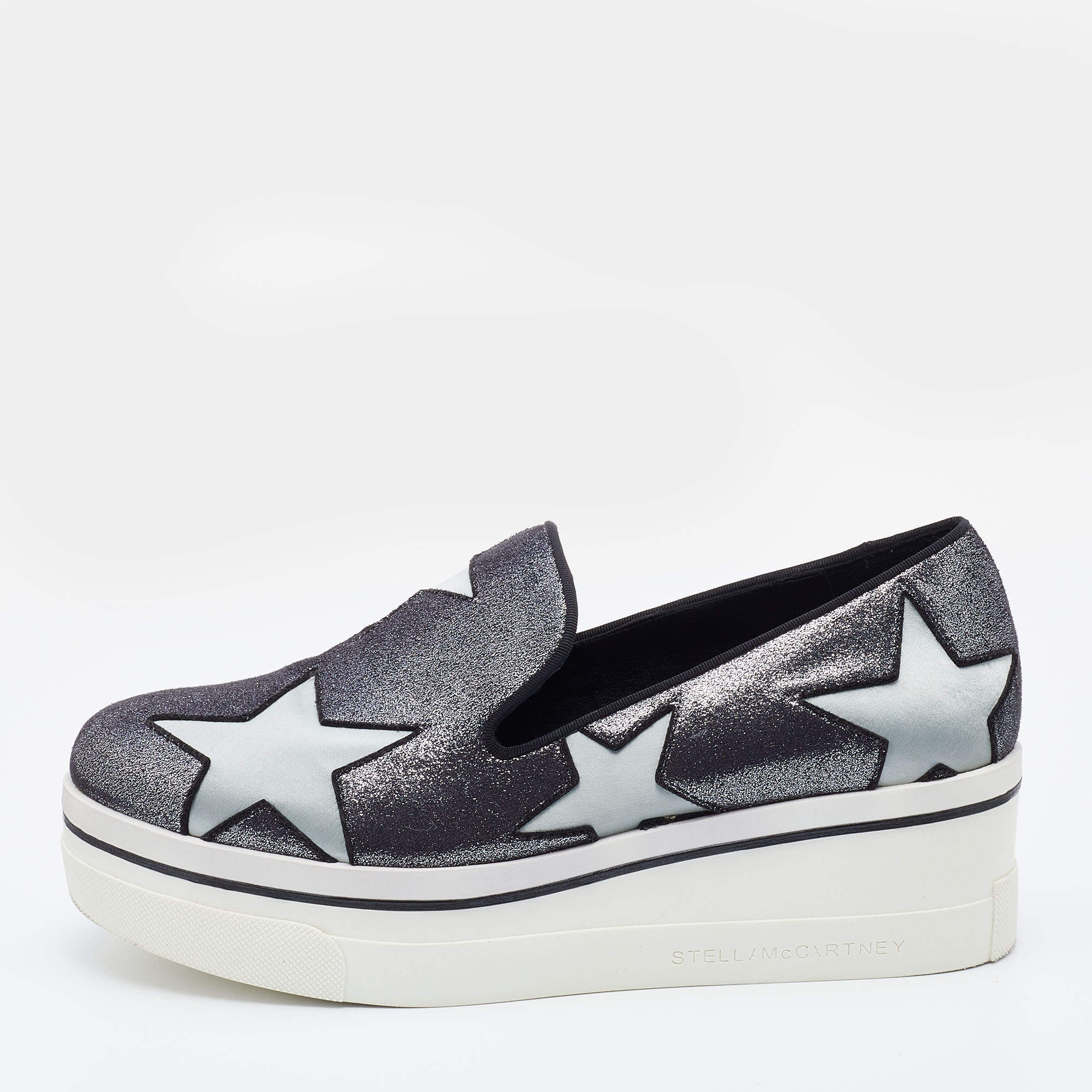 Pre Owned Stella McCartney Metallic Grey Faux Suede and Satin Binx Star Platform Slip On Sneakers Size 37