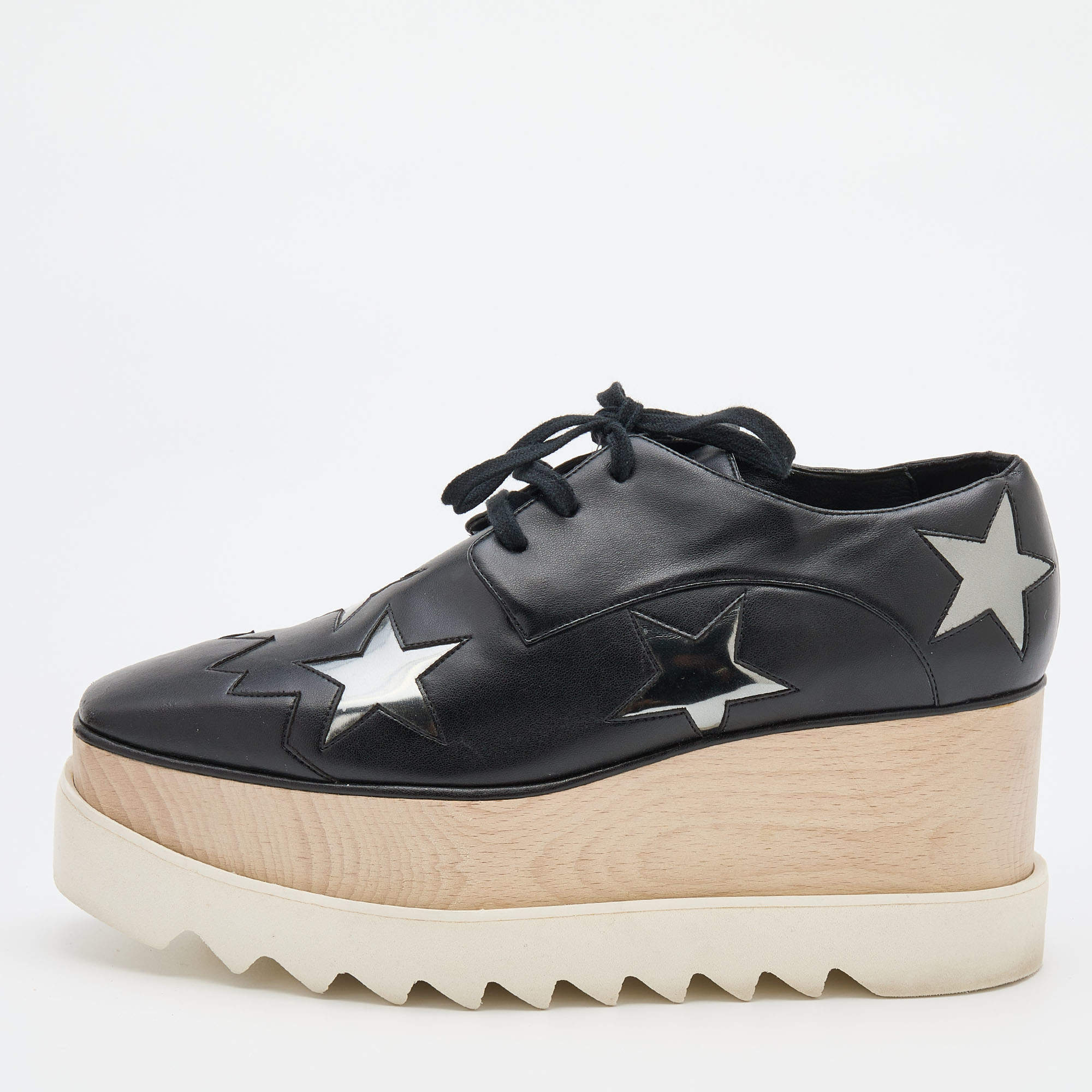 Stella McCartney Black Faux Leather Elyse Star Derby Sneakers Size 38.5