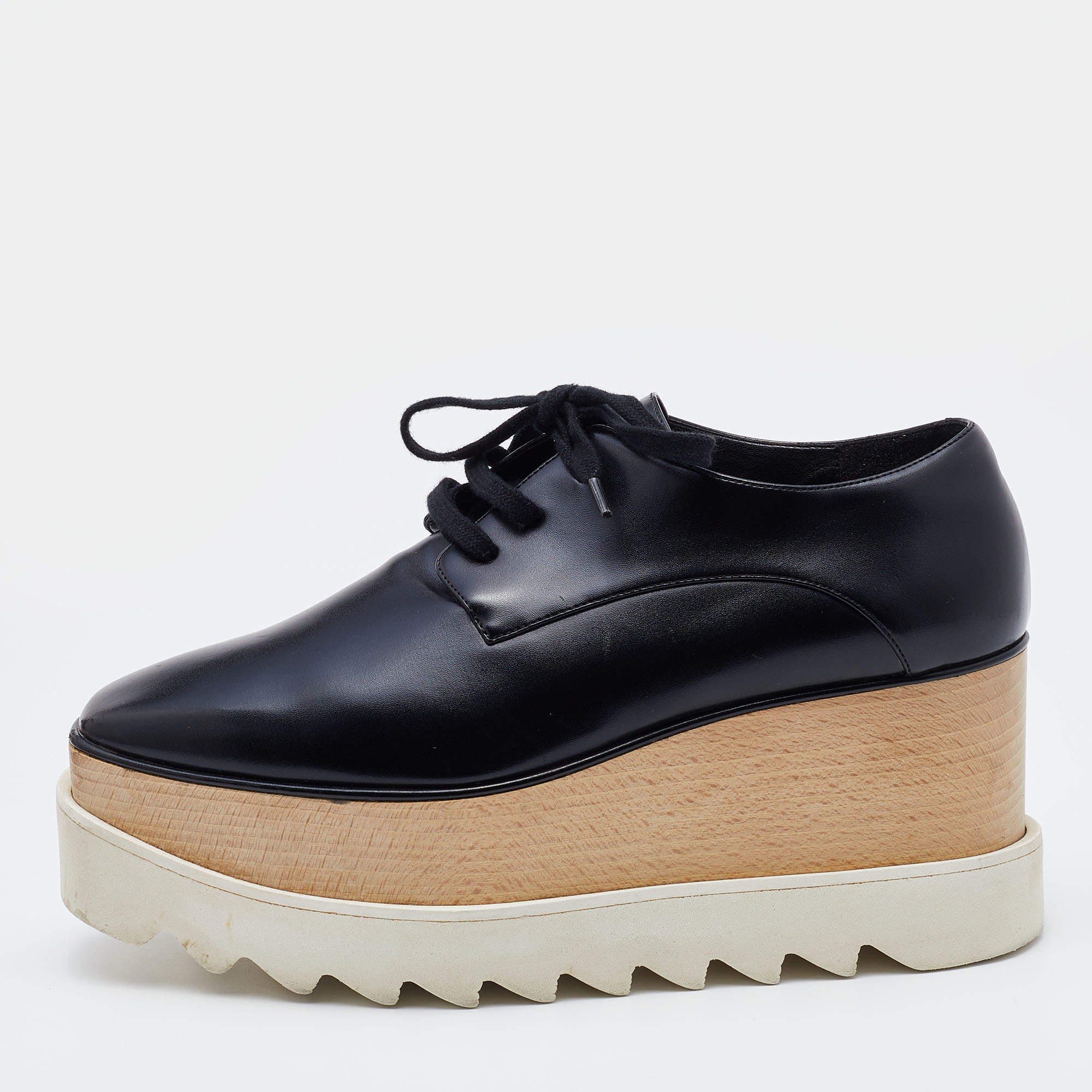 Stella McCartney Black Faux Leather Elyse Platform Derby Sneakers Size 35.5