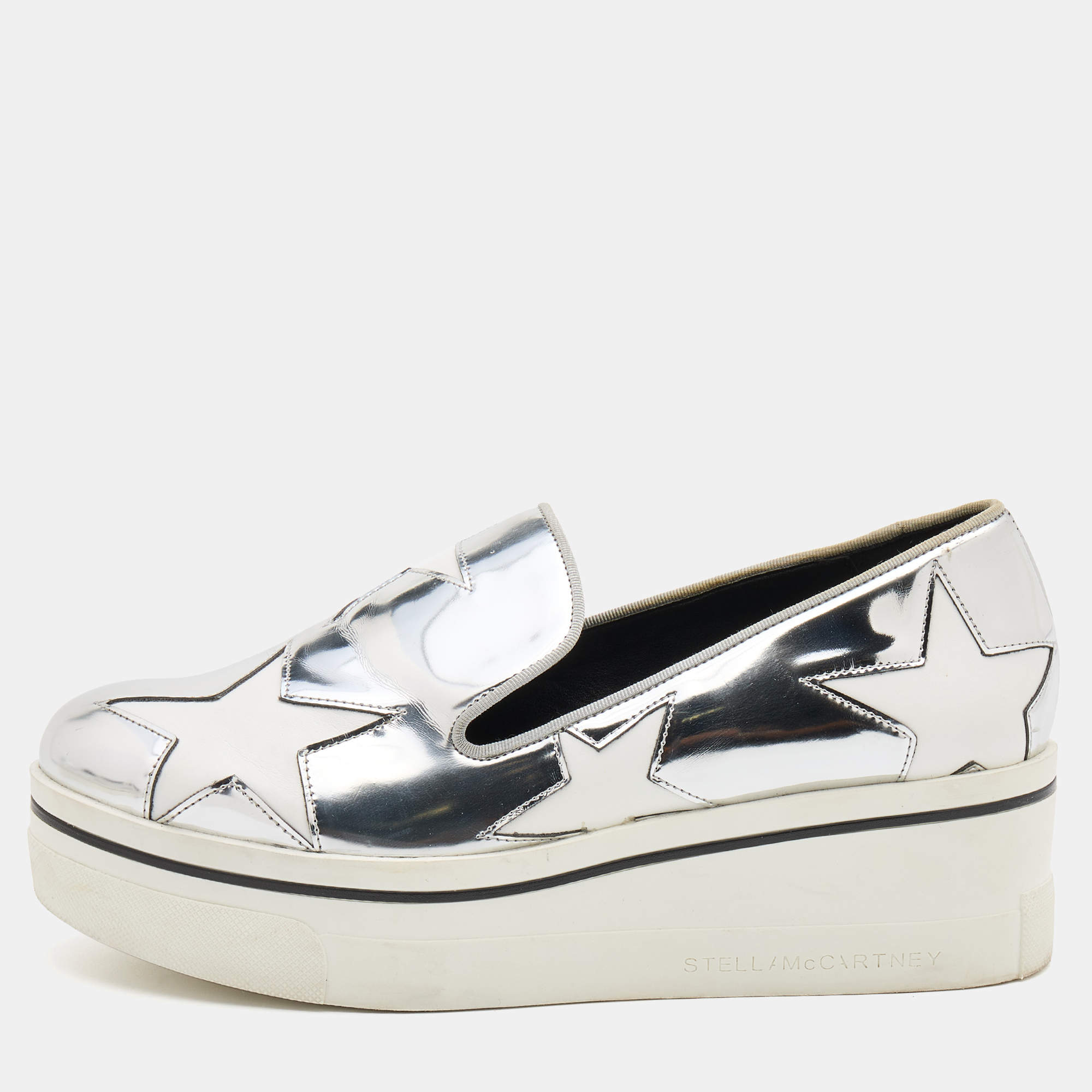 Pre Owned Stella McCartney Silver Faux Leather Binx Star Sneakers Size 36