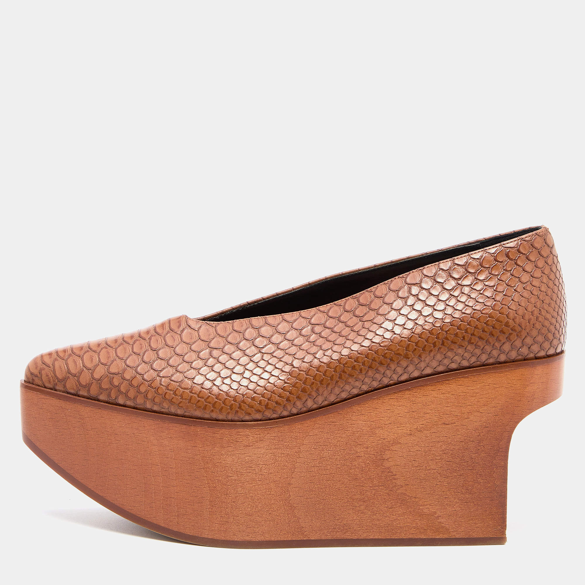 Pre Owned Stella McCartney Brown Faux Python Embossed Platform Flat Pumps Size 36