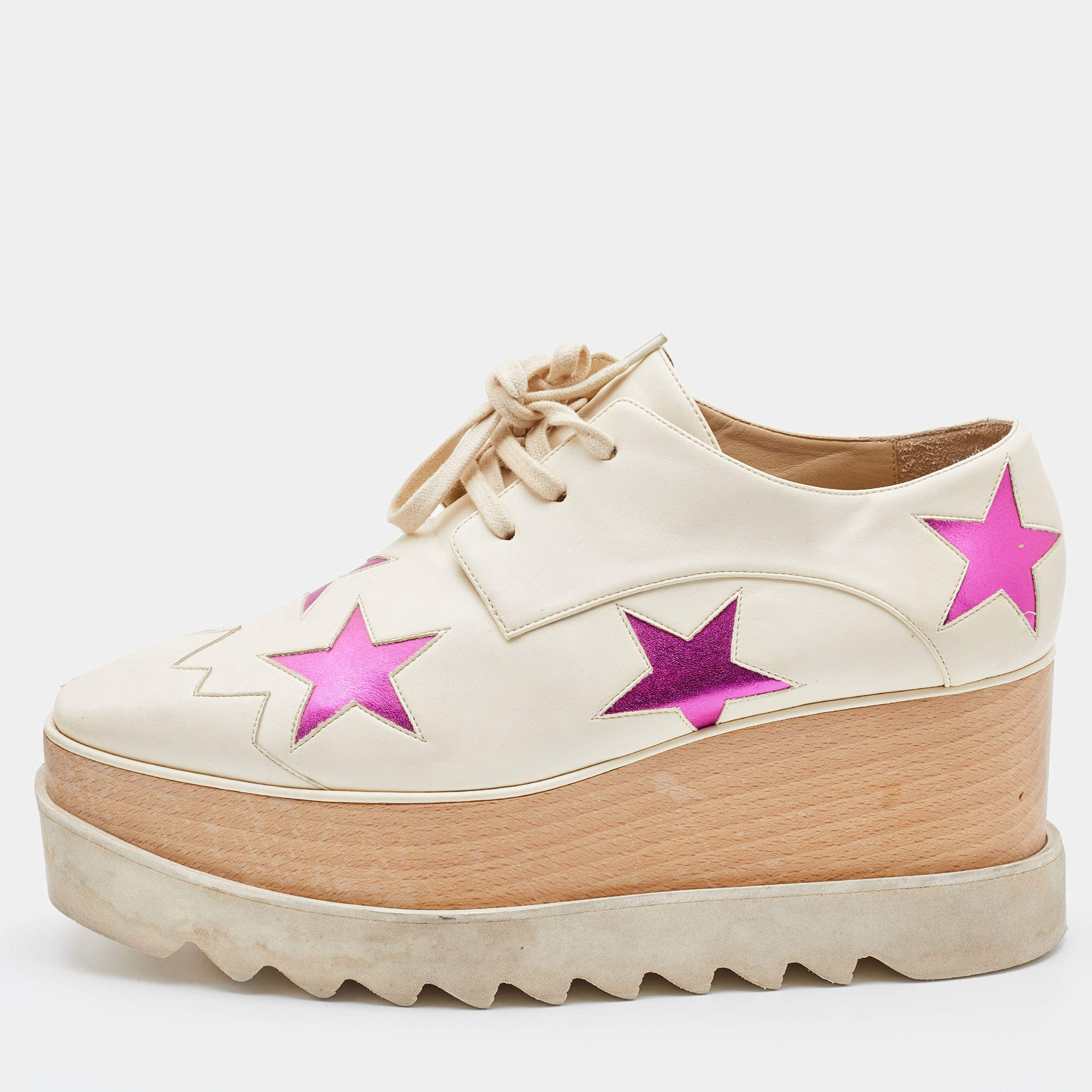 مملوكة مسبقًا Stella McCartney Beige/Pink Faux Leather Elyse Star Platform Derby Sneakers Size 38.5