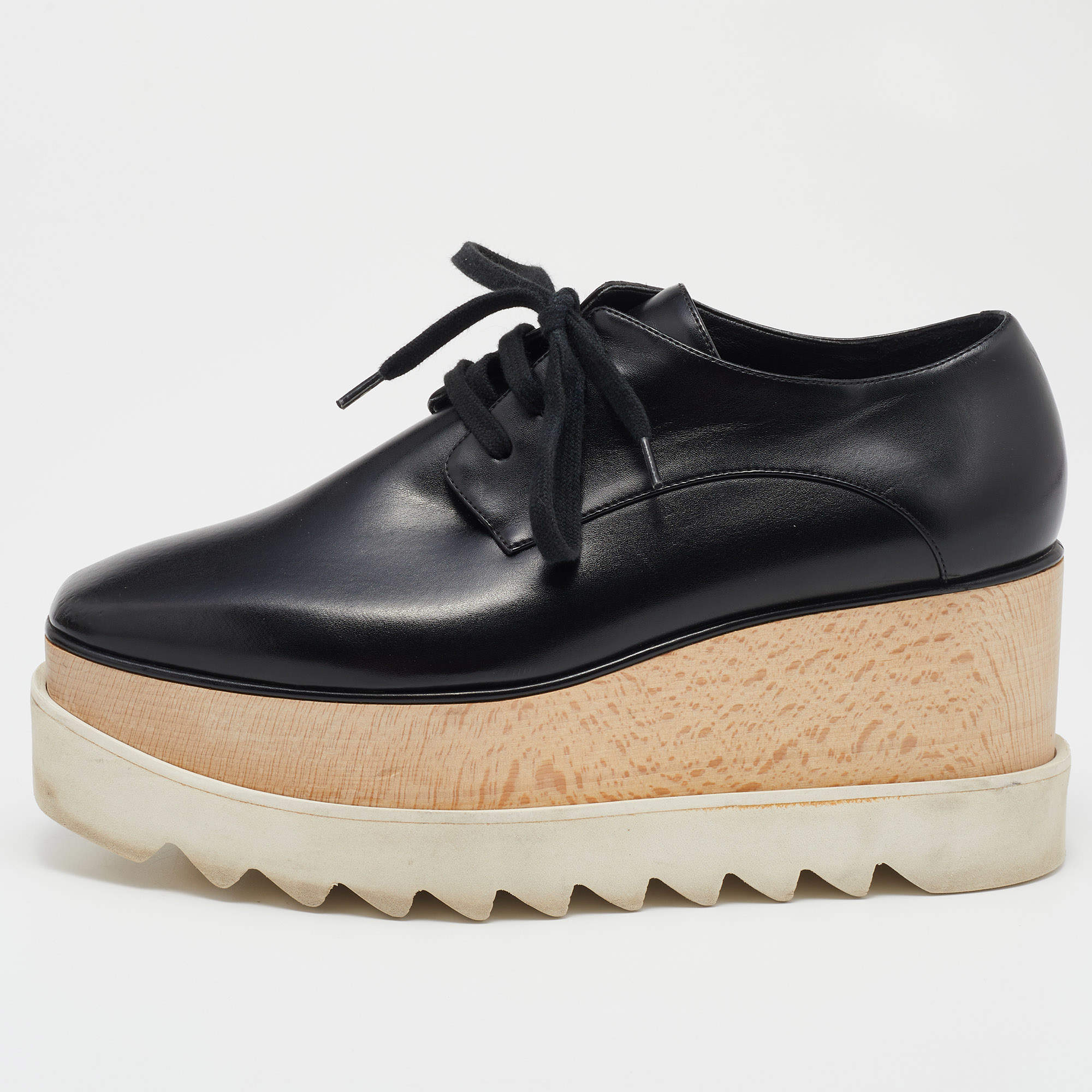 Pre Owned Stella McCartney Black Woven Faux Leather Elyse Platform Derby Sneakers Size 37